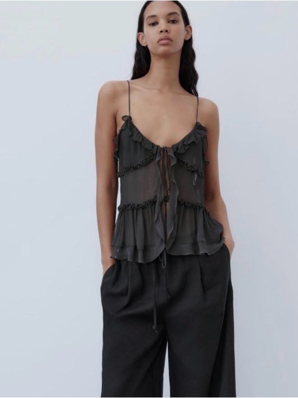 Zara Dark Charcoal Ruffle Tie-Front Sheer Cami